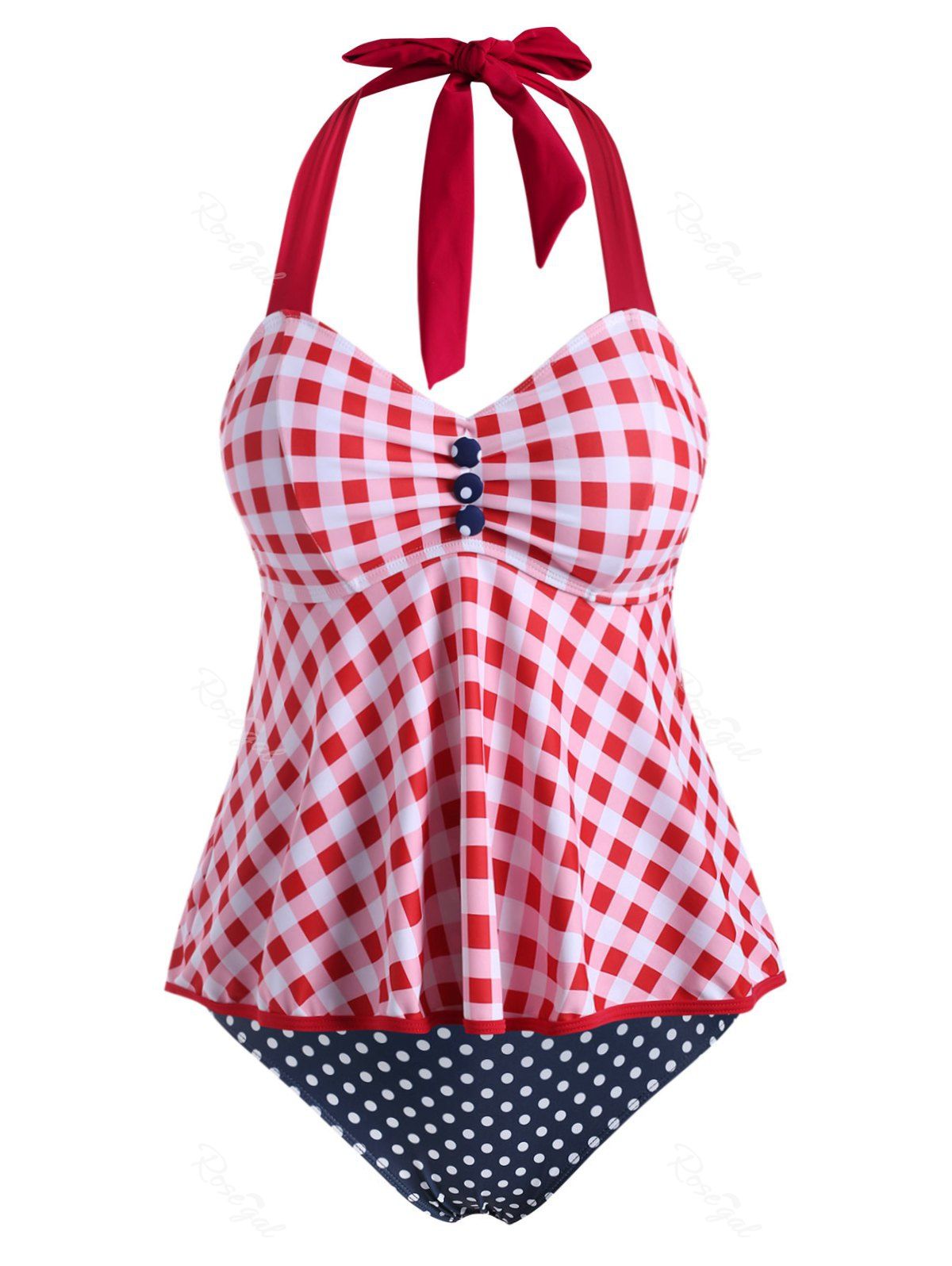 

Mock Button Polka Dot Plaid Plus Size Tankini Swimwear, Red