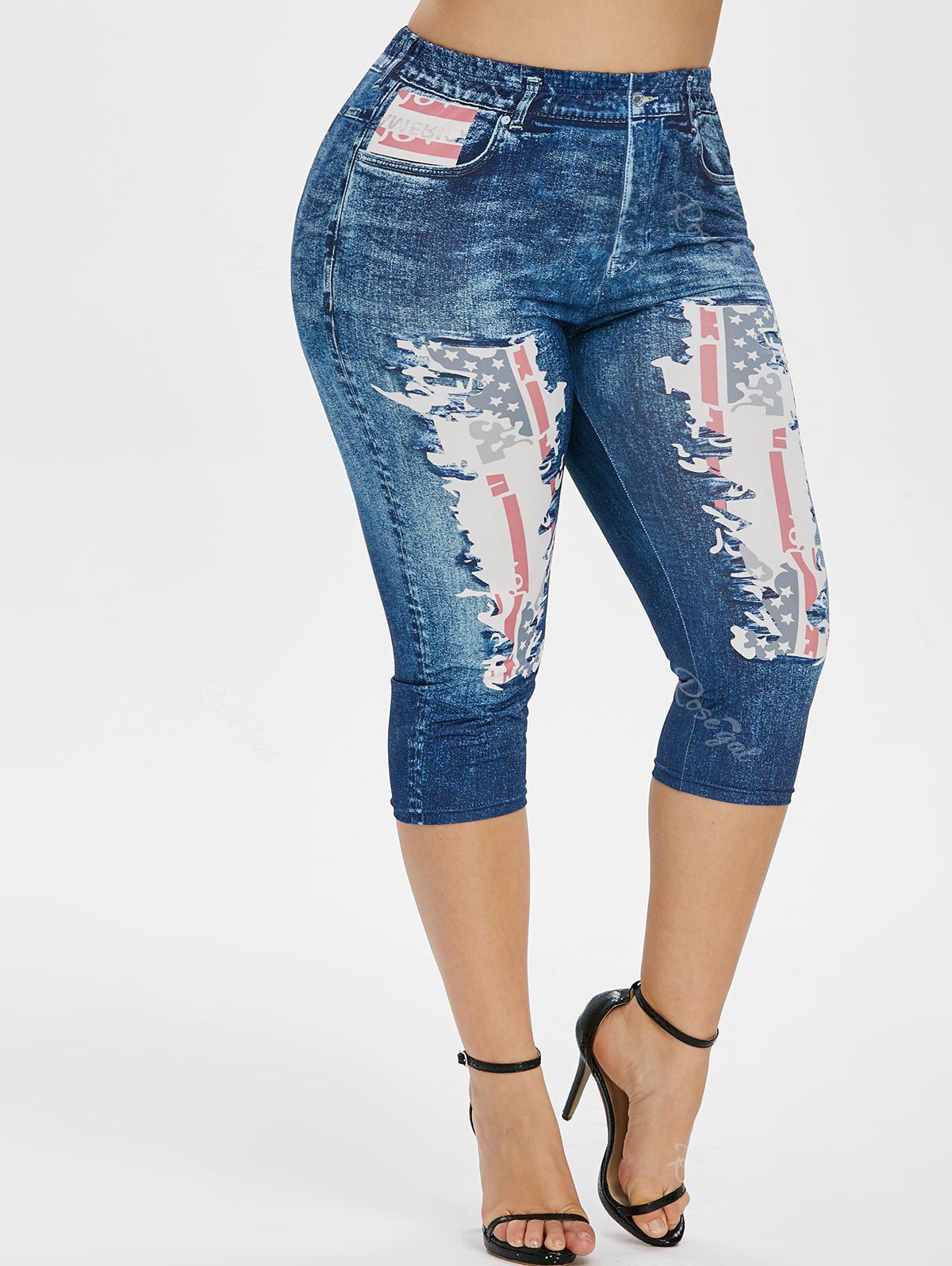 Trendy Plus Size 3D Jean Print American Flag Capri Leggings  