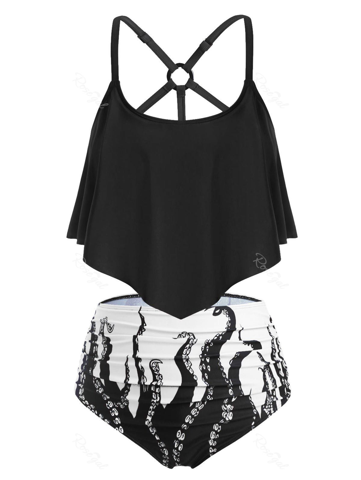 

Plus Size Galaxy Octopus Print O Ring Strappy Tankini Swimwear, Multi-c