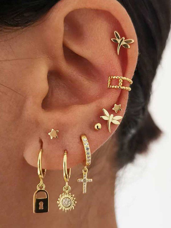 

9Pcs Star Lock Cross Stud Earrings Set, Gold