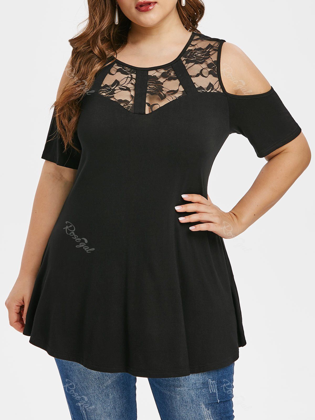 

Plus Size Lace Insert Cold Shoulder T Shirt, Black