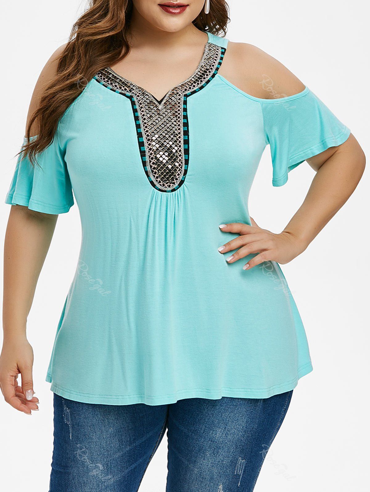 

Plus Size Ethnic Sparkling Cold Shoulder Top, Aquamarine