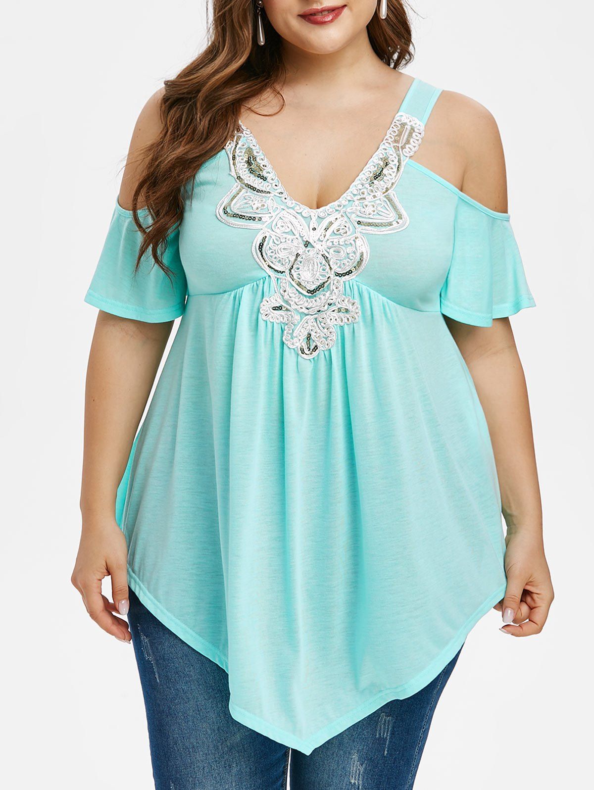 

Plus Size Cold Shoulder Sequin Embellished T Shirt, Mint green