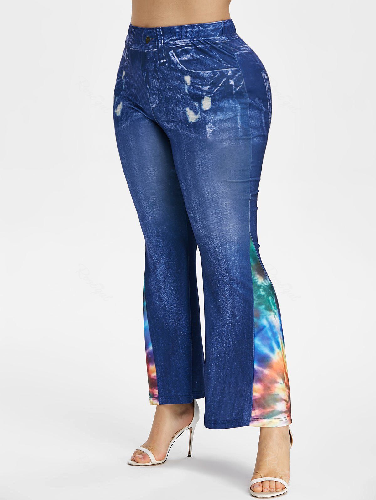 

Plus Size Galaxy 3D Jean Print Flare Pants, Cornflower blue
