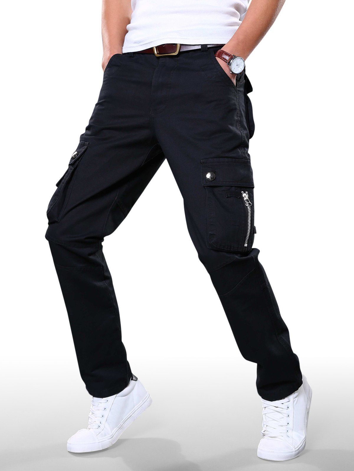 

Plain Zip Fly Cargo Straight Pants, Black