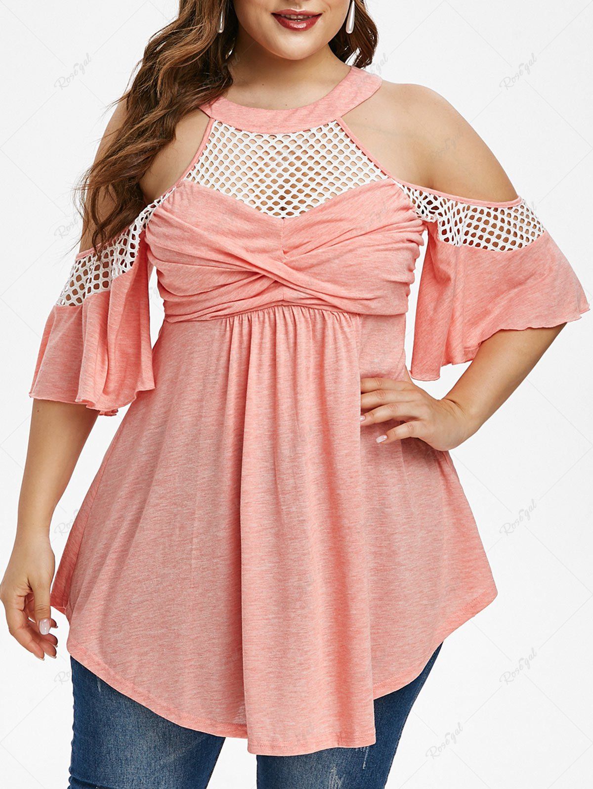 Chic Plus Size Cold Shoulder Twist Fishnet Panel T Shirt  