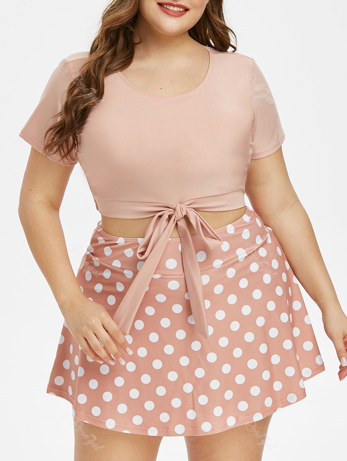 OFF Plus Size Polka Dot Knotted Two Piece Skirted Swimwear Rosegal