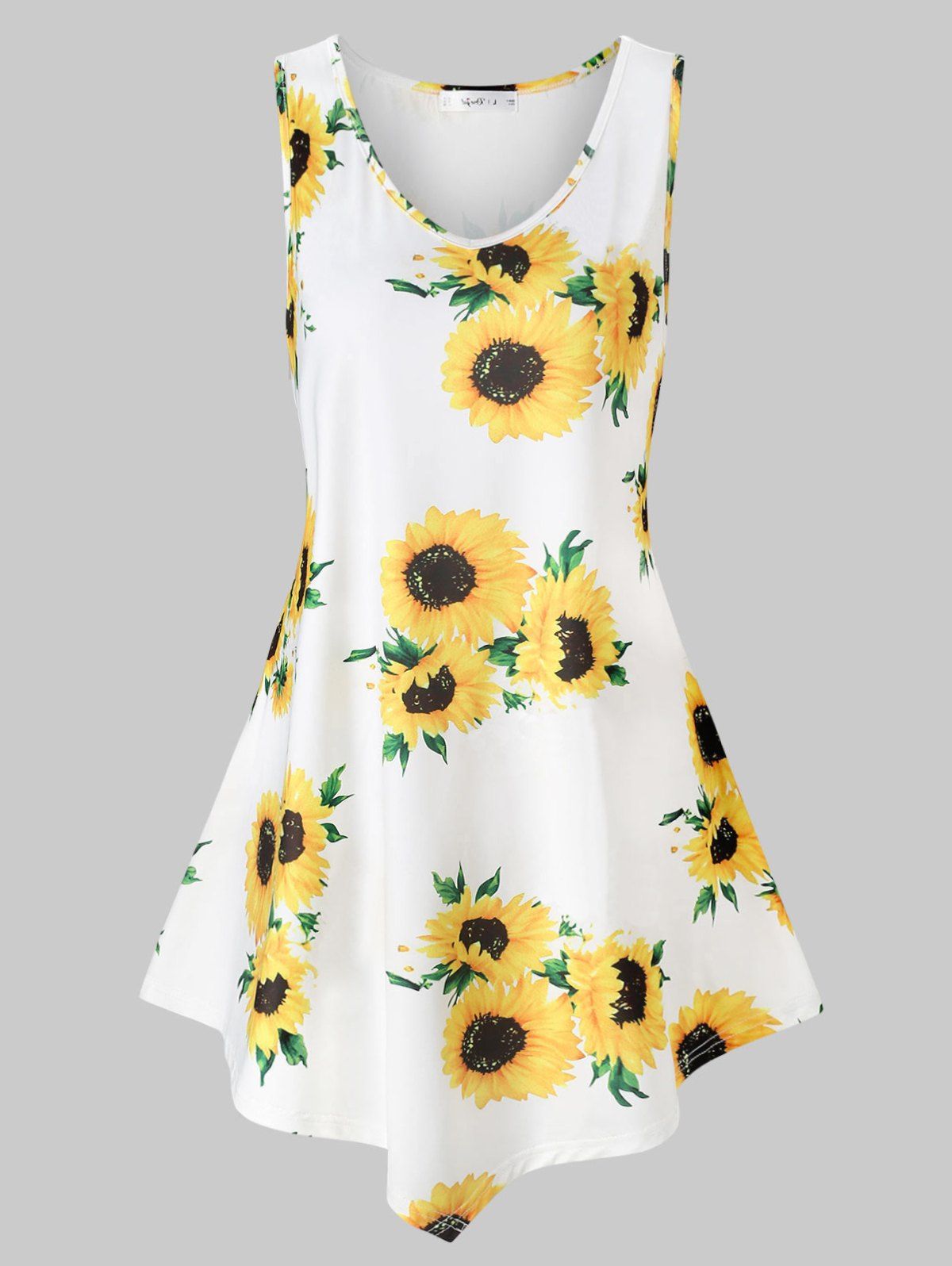 

Plus Size Asymmetric Sunflower Print Tank Top, White