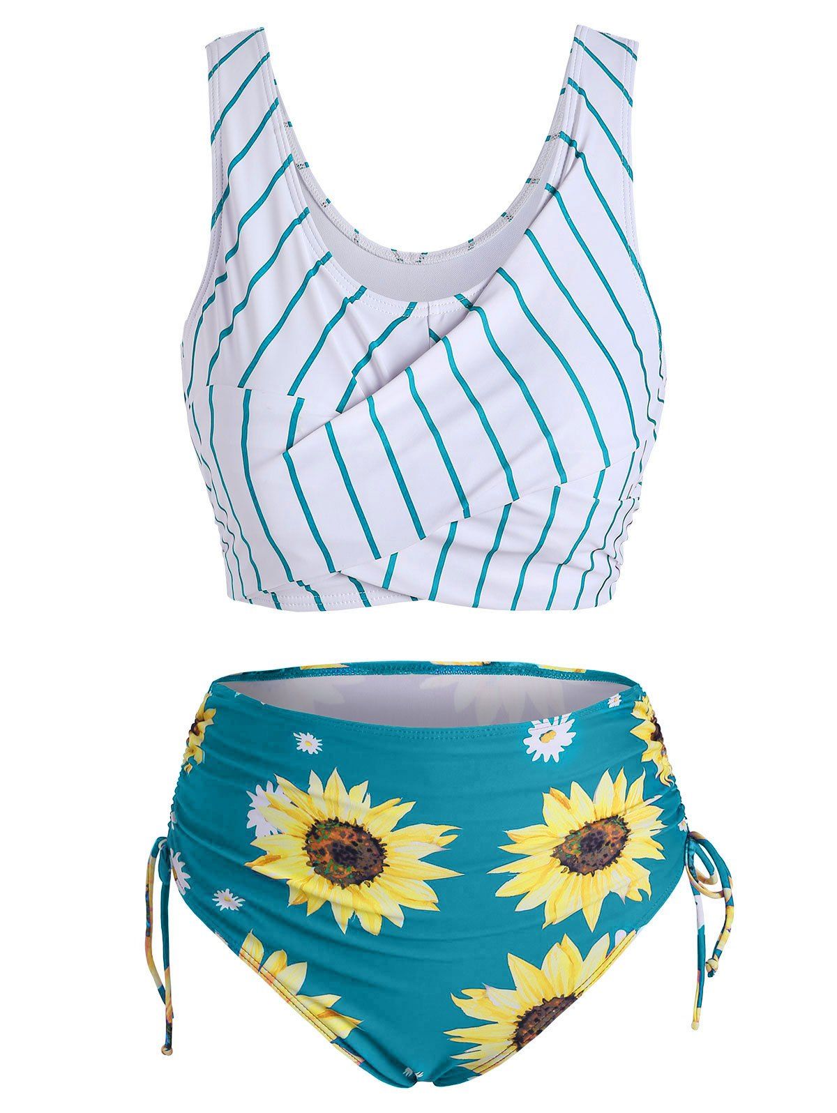 

Striped Sunflower Cinched Twist Ruched Tankini Swimwear, Light sea green