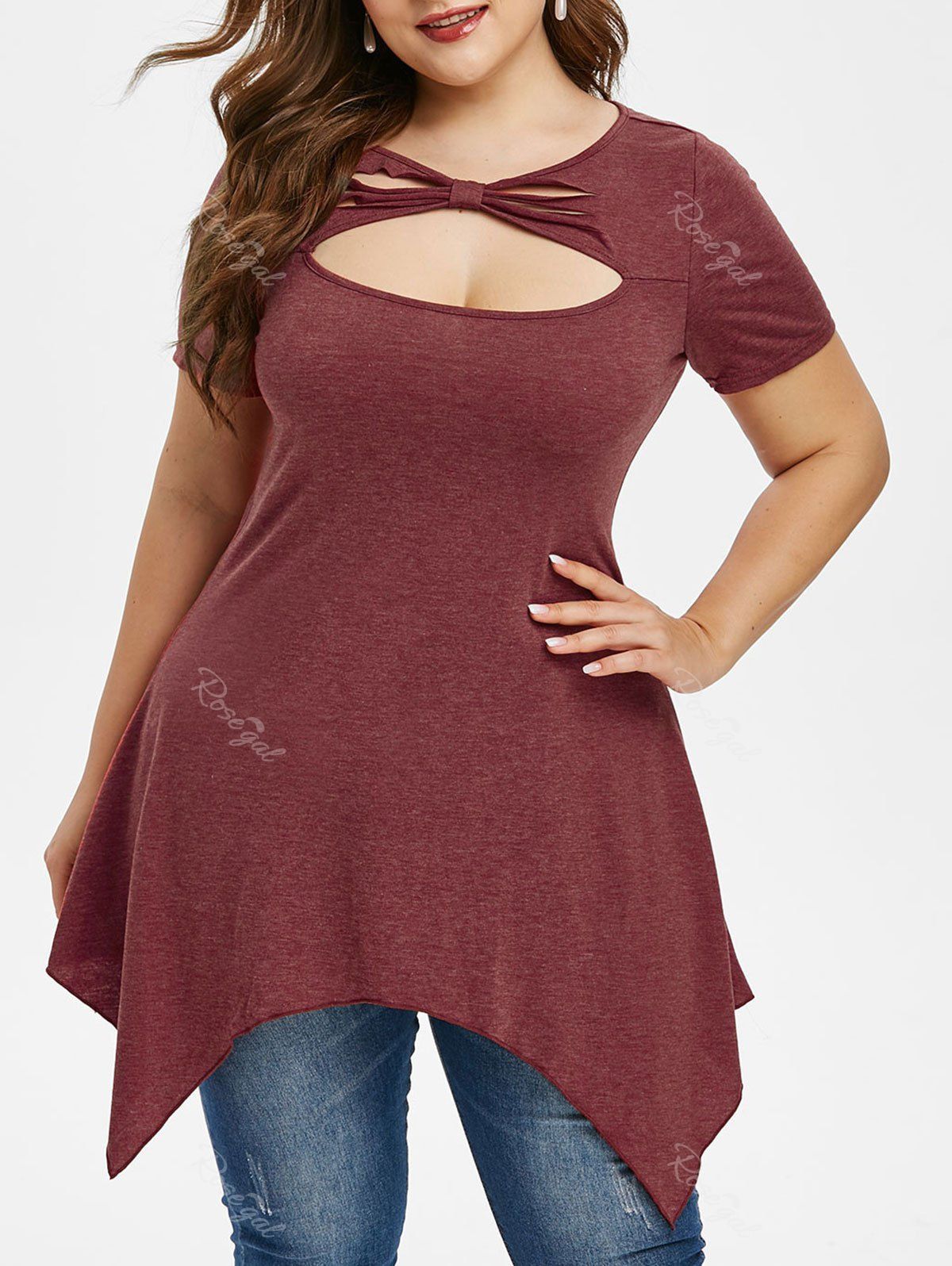 

Distressed Cut Out Handkerchief Plus Size Top, Red