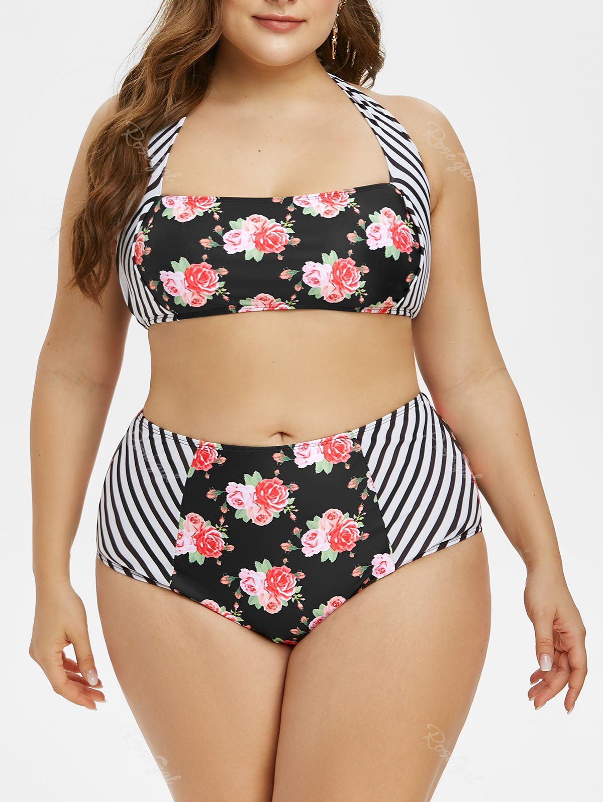 

Plus Size Stripe Floral Print Halter Bikini Swimsuit, Black