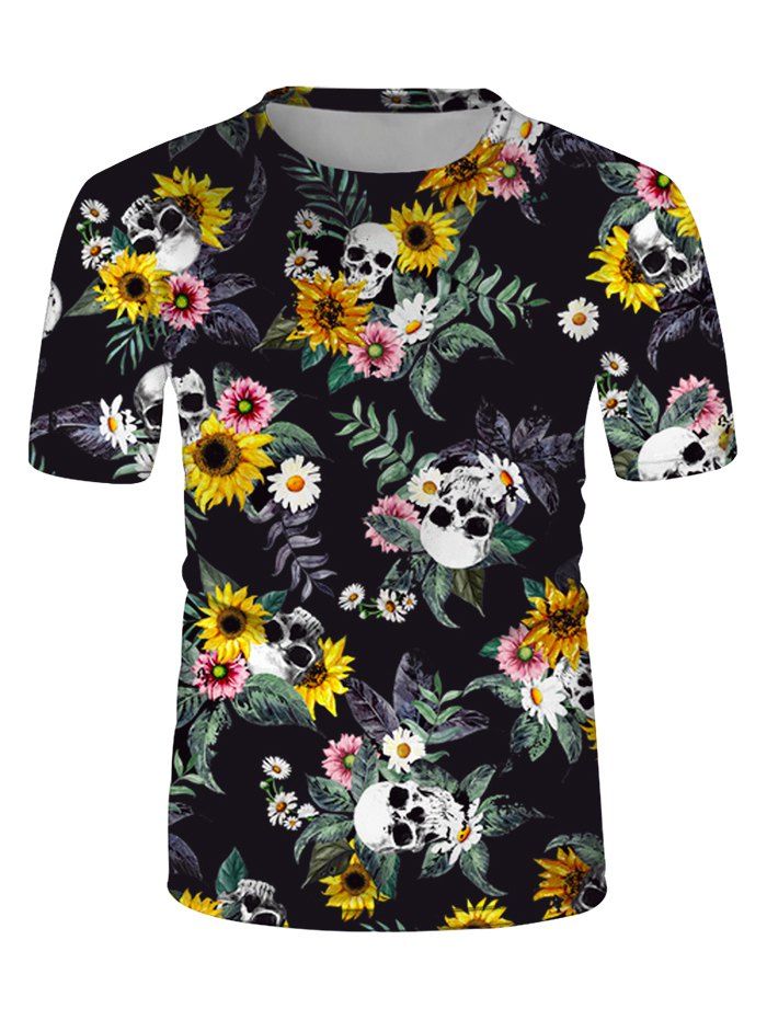 

Sunflower Skulls Print Crew Neck Casual T Shirt, Multi