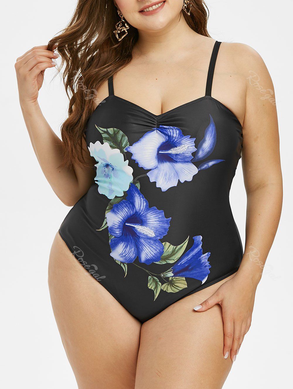 Affordable Plus Size Floral Print Ruched One-piece Swimsuit  