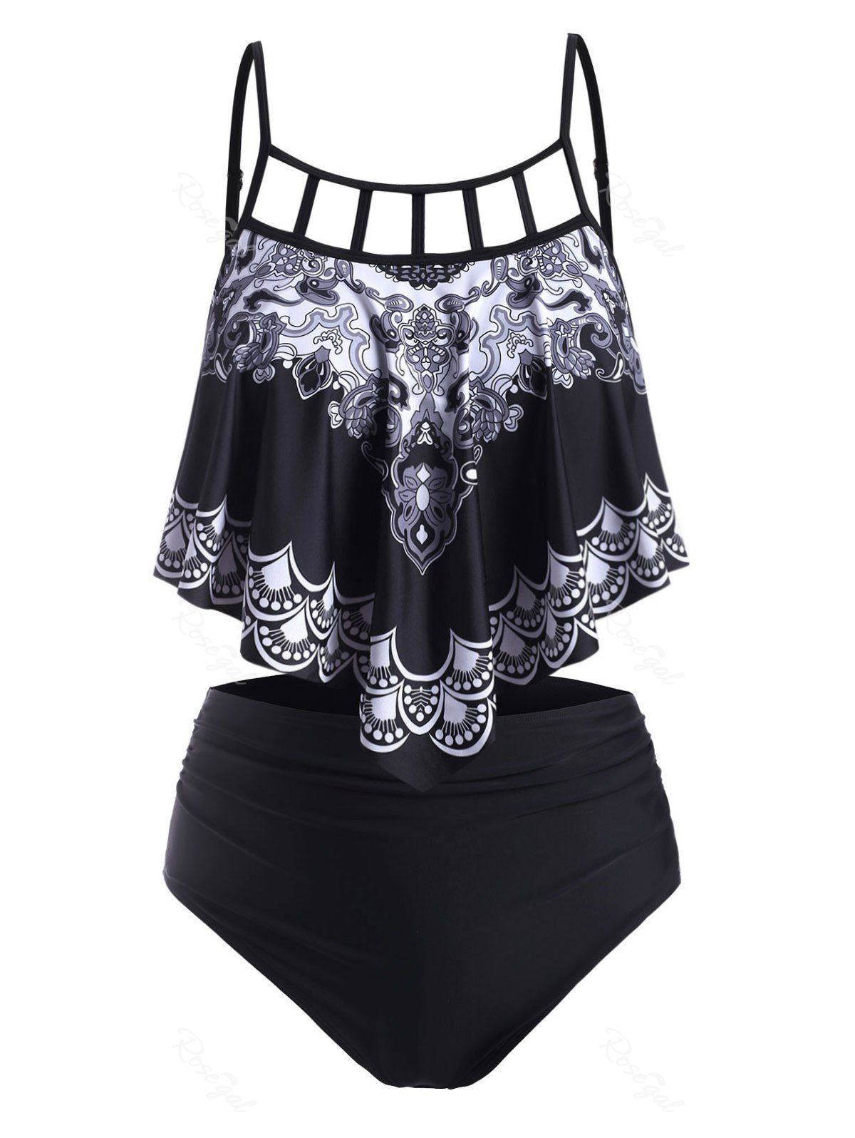 

Plus Size Ruffled Lattice Cut Tribal Print Tankini Swimwear, Black