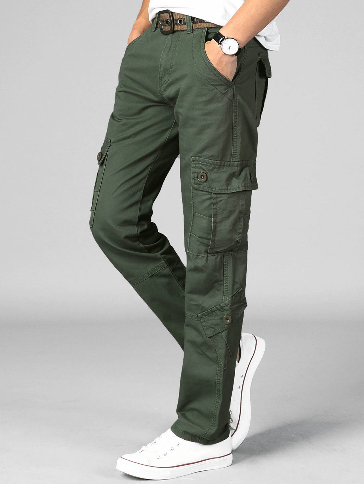 

Plain Multi Flap Pockets Cargo Straight Pants, Army green