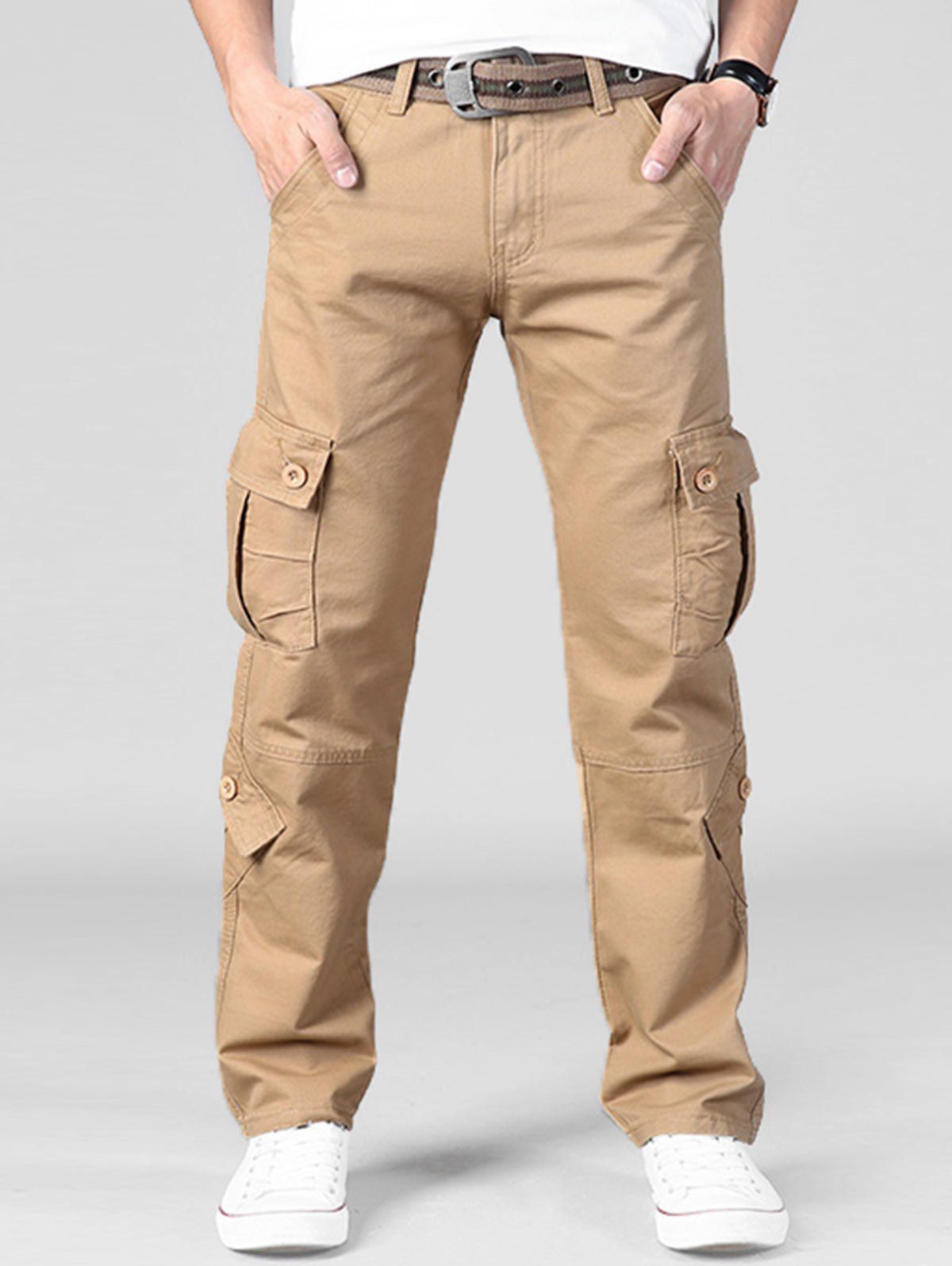 

Plain Multi Flap Pockets Cargo Straight Pants, Khaki