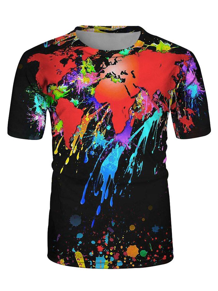 

Splatter Earth Map Print Crew Neck Casual T Shirt, Multi