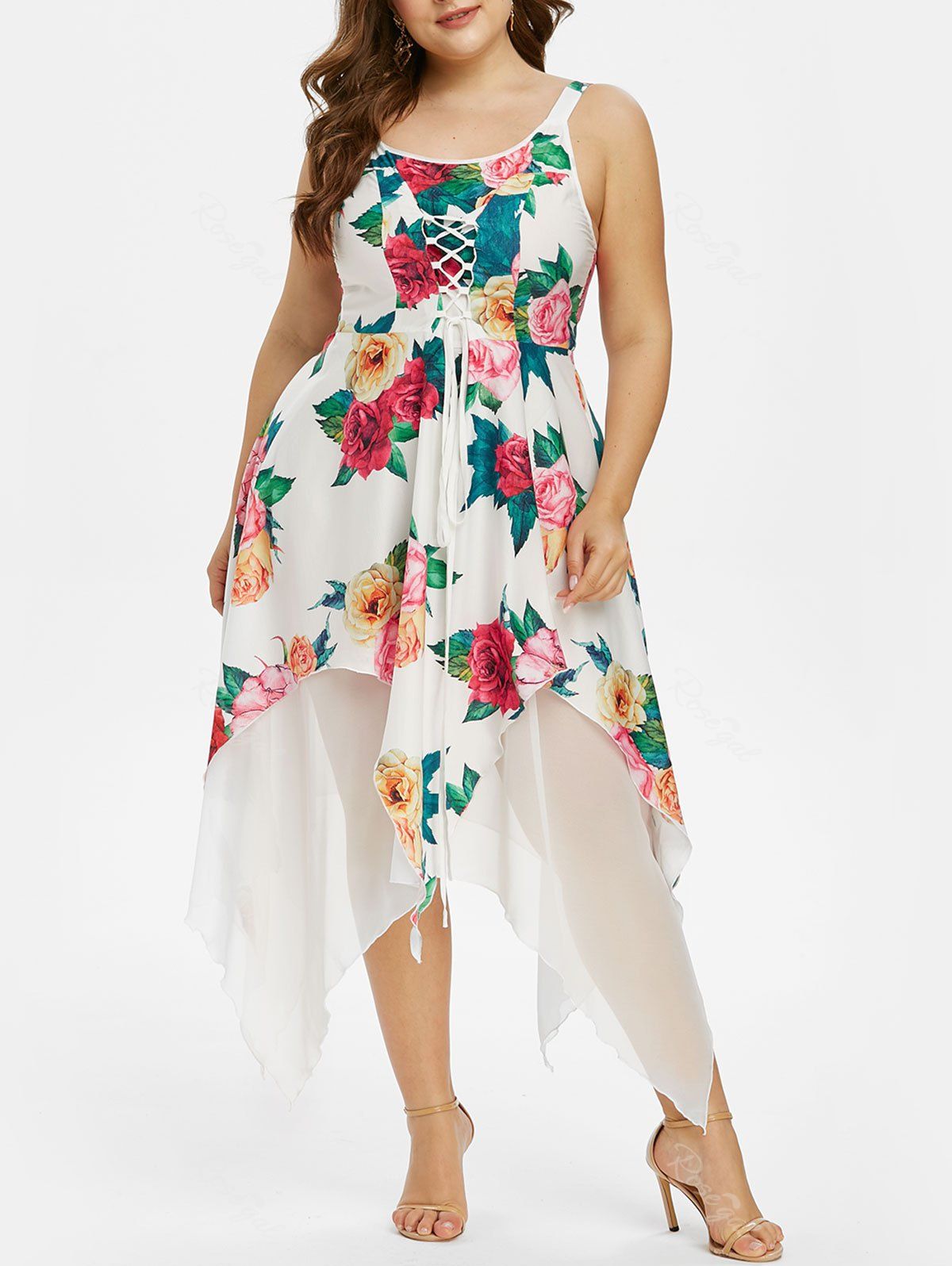 Shops Plus Size Handkerchief Floral Print Lace Up Cottagecore Dress  
