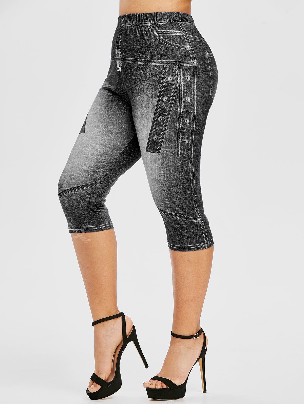 

Plus Size 3D Jean Print Cropped High Waisted Jeggings, Black