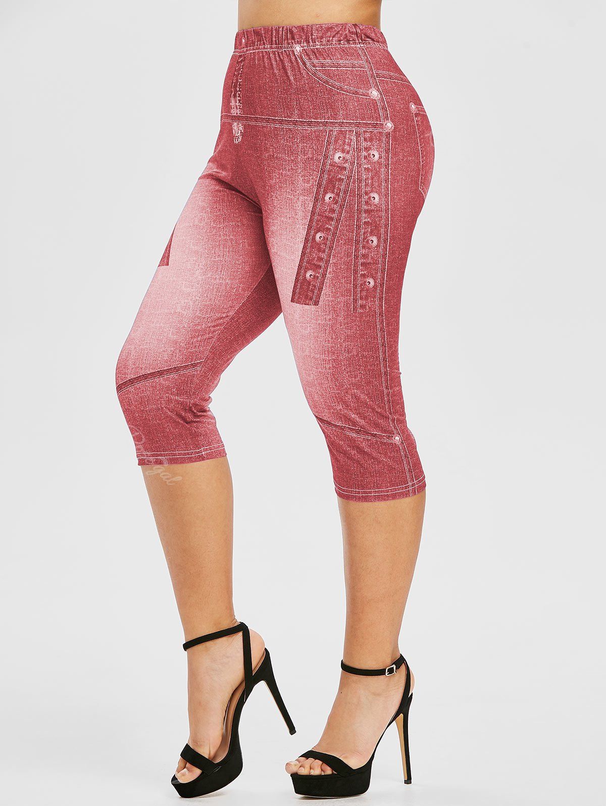 Best Plus Size 3D Jean Print Cropped High Waisted Jeggings  
