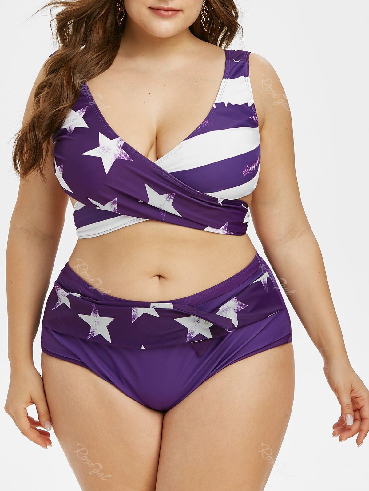 Buy Plus Size Patriotic American Flag Print High Waist Wrap Tankini Swimsuit  