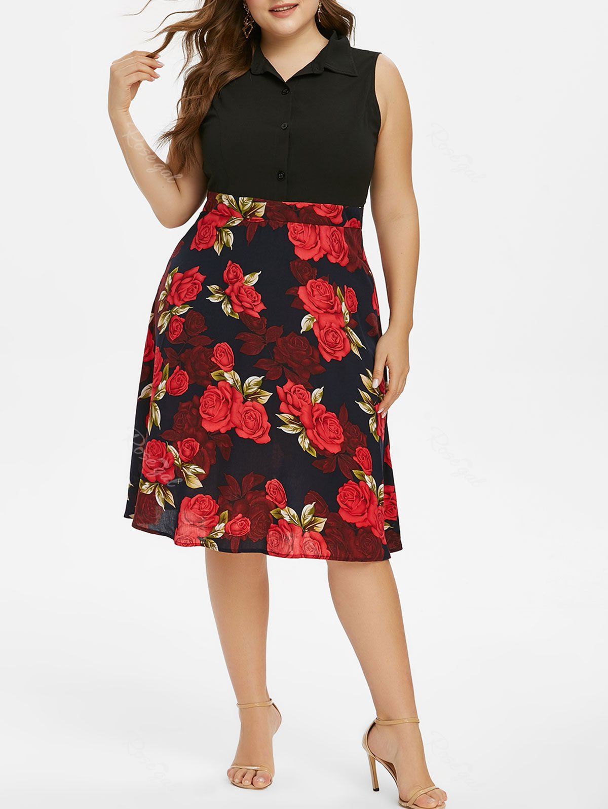 

Plus Size Floral Print Sleeveless Half Button Dress, Deep blue