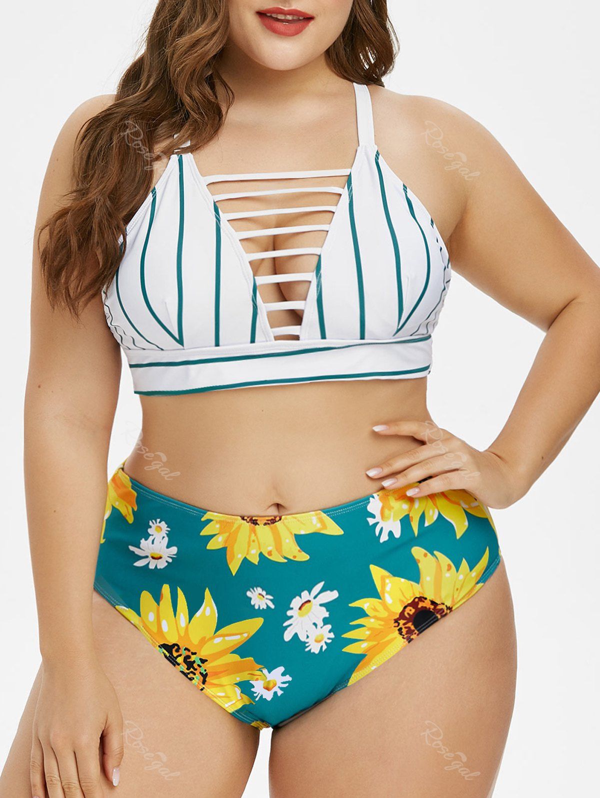 

Strappy Criss Cross Floral Stripes Plus Size Bikini Set, Greenish blue