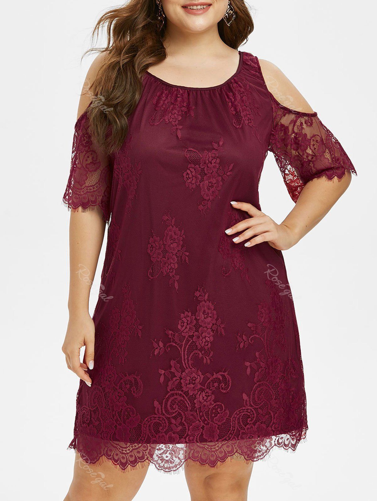 

Plus Size Open Shoulder Eyelash Lace Dress, Red wine