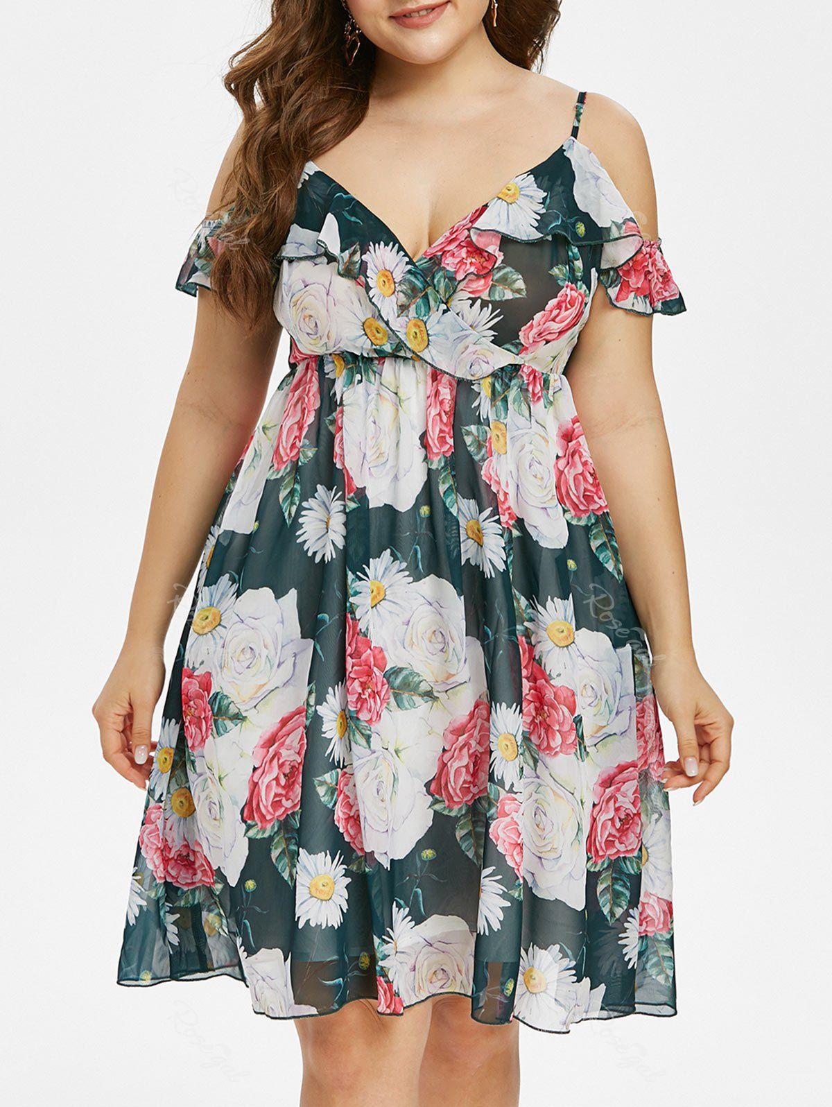 

Cold Shoulder Flounces Floral Plus Size Dress, Greenish blue