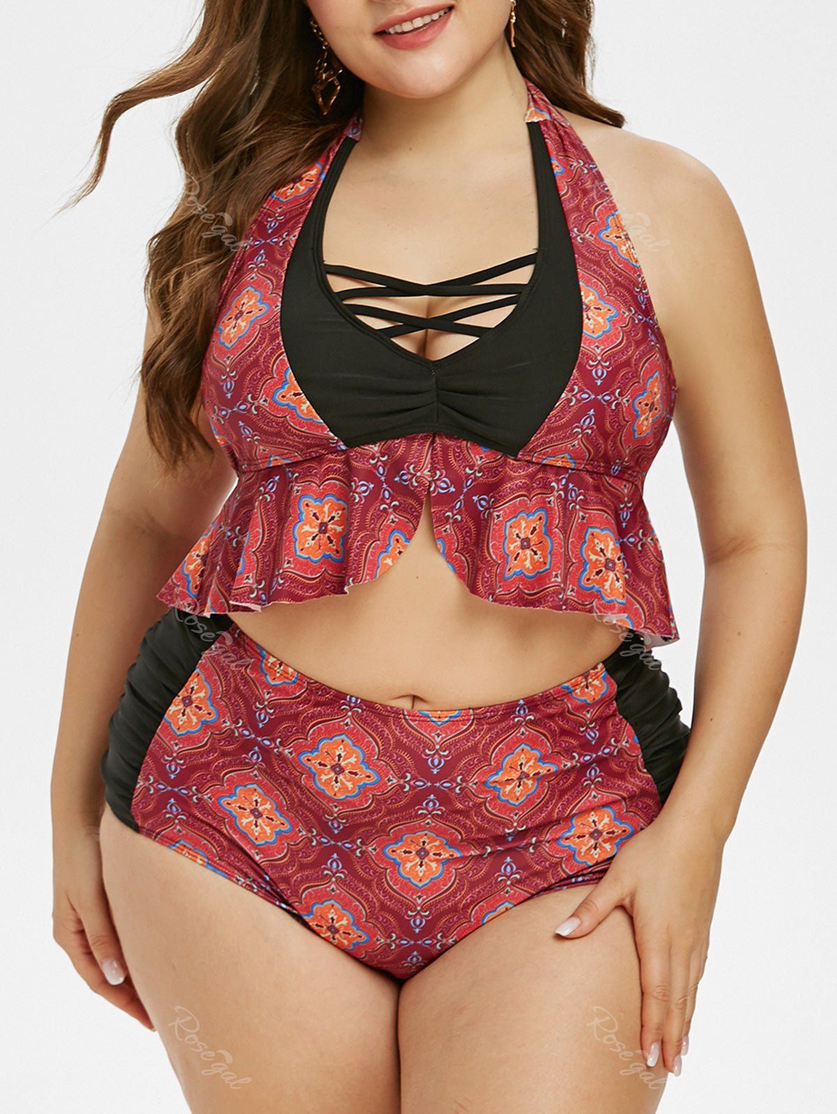 Maillot de Bain Tankini Péplum Fleuri Design Croisé de Grande Taille à Col Halter Acajou 4X