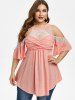 Plus Size Cold Shoulder Twist Fishnet Panel T Shirt -  