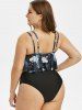 Plus Size Ruffled Leaves Print Tankini Swimwear -  