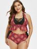 Maillot de Bain Tankini Péplum Fleuri Design Croisé de Grande Taille à Col Halter - Acajou 4X