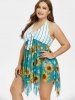 Plus Size Halter Handkerchief Sunflower Print Stripe Tankini Swimwear -  