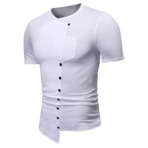 

Pure Color Mock Button Pocket Asymmetrical T Shirt, White