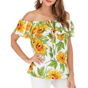 

Tiered Flounce Floral Leaf Off The Shoulder Blouse, Multi