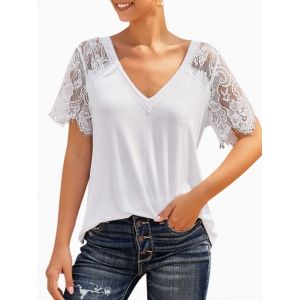 

Lace Panel V Neck Short Sleeve T-shirt, White
