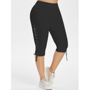 

High Waisted Lace Up Side Plus Size Capri Pants, Black