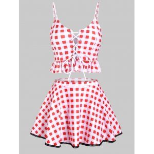 

Gingham Print Spaghetti Strap Padded Tankini Set, Red