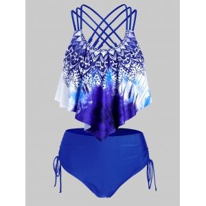 

Plus Size Printed Strappy Drawstring Tankini Swimwear, Deep blue