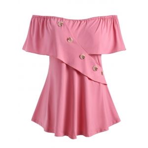 

Mock Buttons Flounces Off Shoulder Plus Size Blouse, Pink