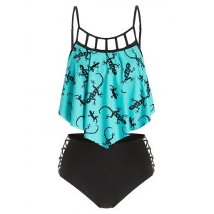 

Plus Size Crisscross Gecko Print Tankini Swimwear, White