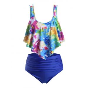

Plus Size Overlay Tie Dye Planet Print Tankini Swimwear, Multi a