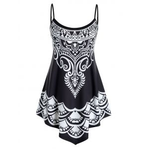 

Plus Size Backless Print Asymmetric Tunic Cami Top, Black