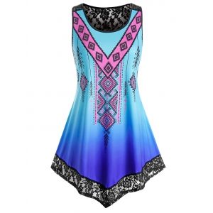 

Plus Size Lace Insert Aztec Print Ombre Color Tank Top, Blue