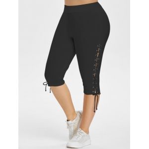 

High Waisted Lace Up Side Plus Size Capri Pants, Black