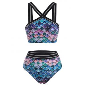 

Scale Print Shadow Striped Trim High Waisted Bikini Swimwear, Multi