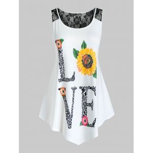 

Plus Size Lace Insert Love Sunflower Print Tank Top, White