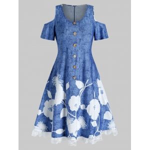 

Cold Shoulder Floral Print Lace Hem A Line Dress, Sky blue