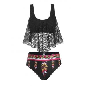 

Plus Size Feather Print Lace Overlay Tankini Swimwear, Black